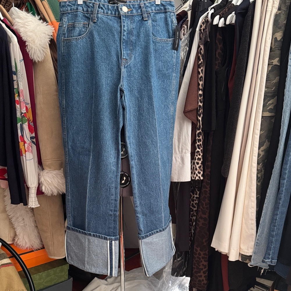Brandon Maxwell Classic Blue Straight Cuffed Leg Jeans w/Varsity Stripes